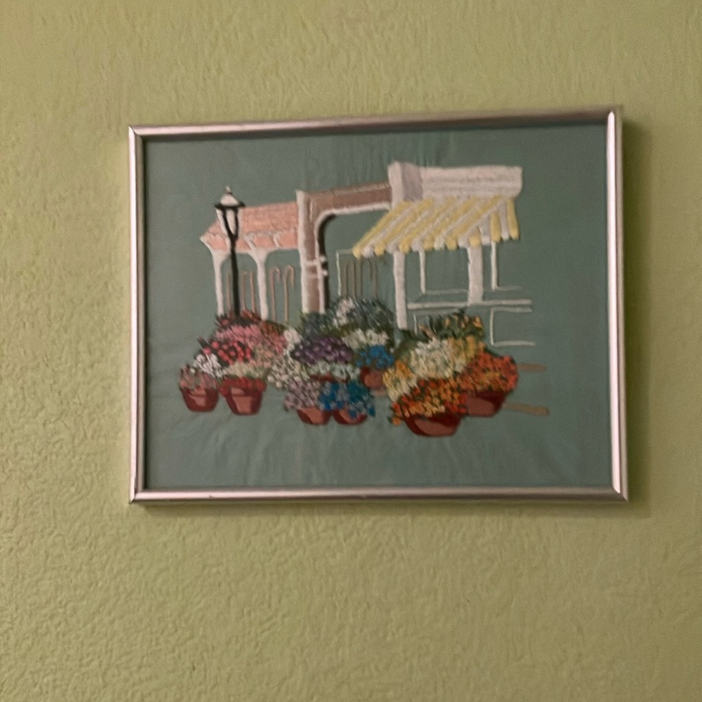 Vintage hand embroidered picture artwork floral motive artisanal